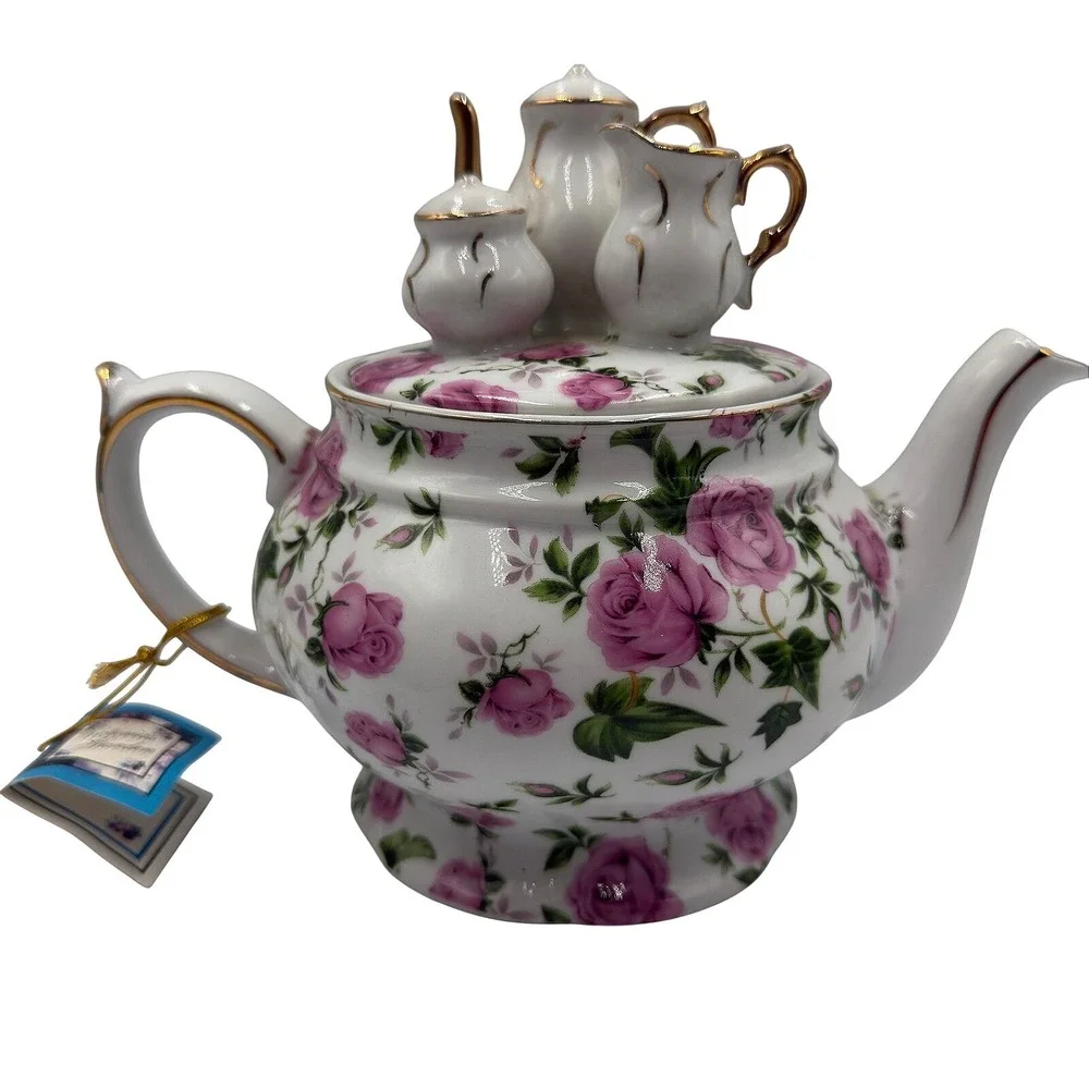 Victoria's Garden Tea Room Pink Rose Porcelain Teapot with Miniature Set Lid NEW